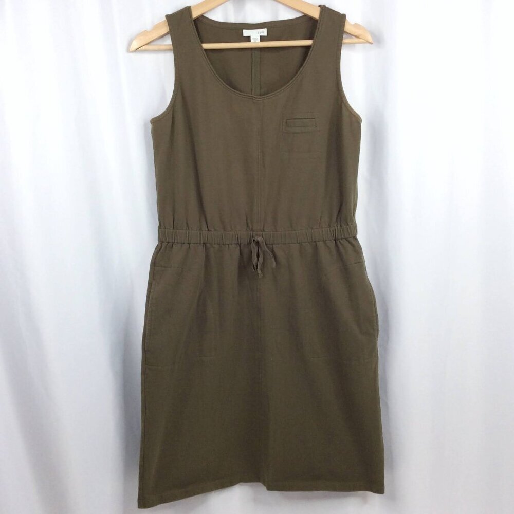 J Jill Women's Cinch Waist Tank Dress XS Green V-Neck Sleeveless Pockets